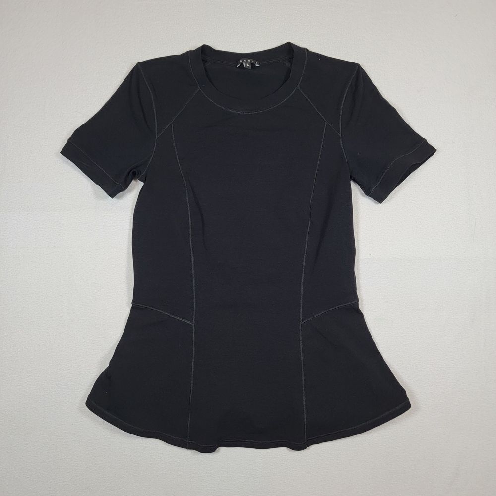 Theory Womens Tunic Top Sz P Petite Black Short Sleeve Stretch Flared Bottom